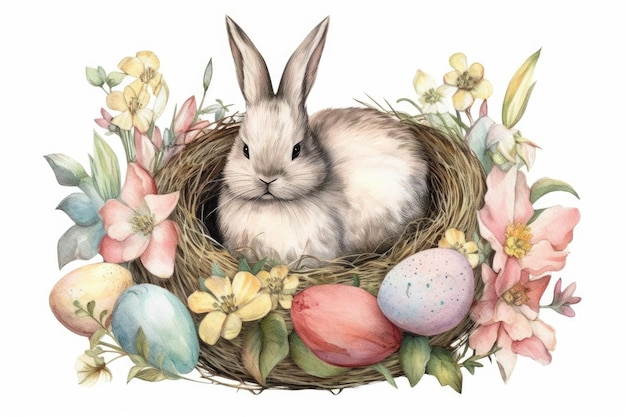 Disegno ad acquerello di primavera di Pasqua color pastello per le stanze dei bambini e i vivai dei bambini con un coniglio e fiori