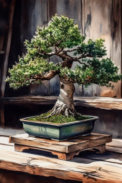 Disegno ad acquerello di un albero Bonsai su un tavolo di legno