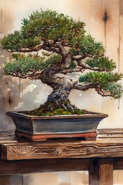 Disegno ad acquerello di un albero Bonsai su un tavolo di legno