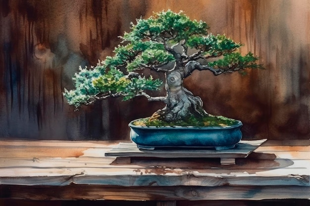 Disegno ad acquerello di un albero Bonsai su un tavolo di legno