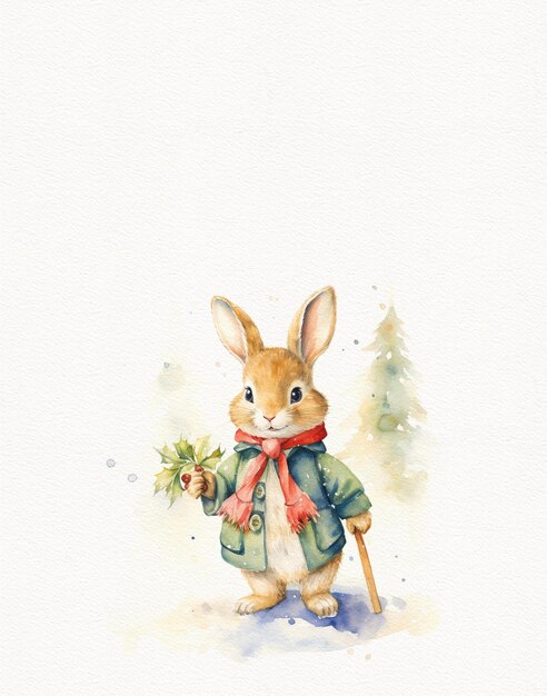 Disegno ad acquerello di un coniglietto durante le vacanze invernali Coniglietto di Natale