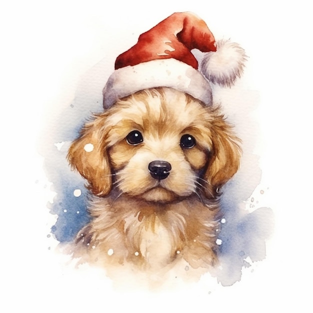 Disegno ad acquerello di un cucciolo che indossa un cappello da Babbo Natale