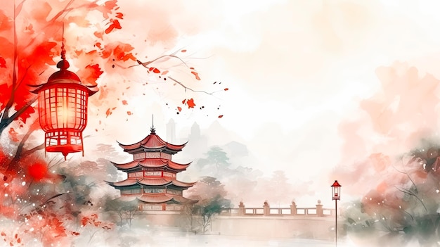 Disegno ad acquerello di una bellissima pagoda e di una lanterna rossa di Capodanno su un ramo, un'idea per un poster