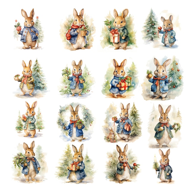 Disegno ad acquerello di una carta vintage del coniglietto di Natale con l'animale per Natale