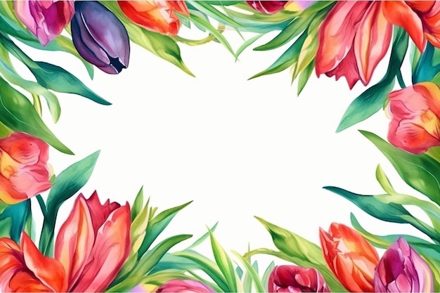 Disegno ad acquerello di una cornice di tulipani con uno spazio bianco vuoto all'interno della cornice Tulipani