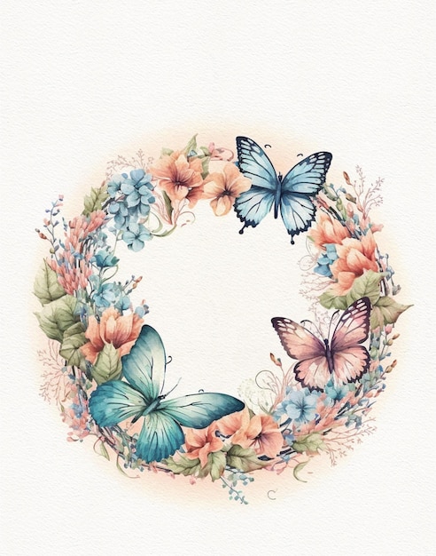 Disegno ad acquerello di una ghirlanda floreale in terracotta e blu con farfalle e fiori di campo flor