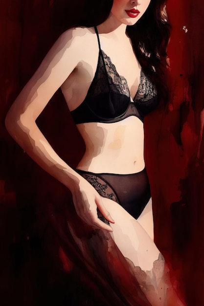 Disegno ad acquerello di una ragazza sexy sottile ed elegante in lingerie IA generativa