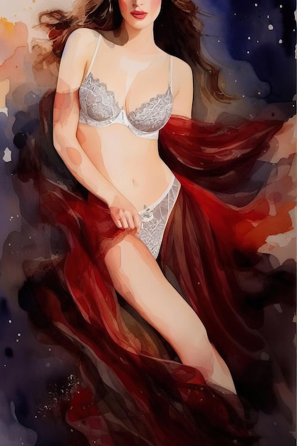 Disegno ad acquerello di una ragazza sexy sottile ed elegante in lingerie IA generativa