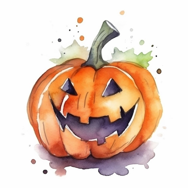 Disegno ad acquerello di una zucca con una faccia spaventosa.