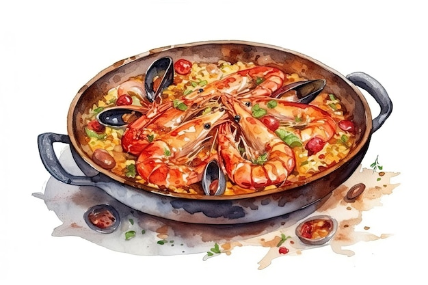 Disegno ad acquerello Paella su sfondo bianco IA generativa