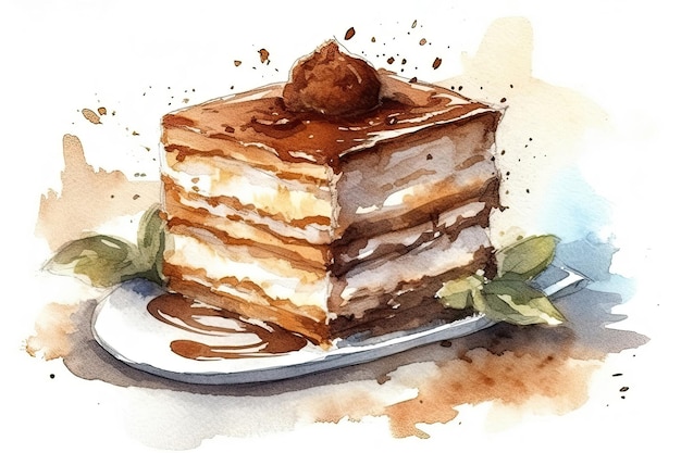 Disegno ad acquerello Tiramisù su sfondo bianco IA generativa