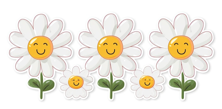 Foto disegno adesivo di fiori di camomilla sorridenti con facce adorabili e foglie verdi su sfondo bianco generative ai