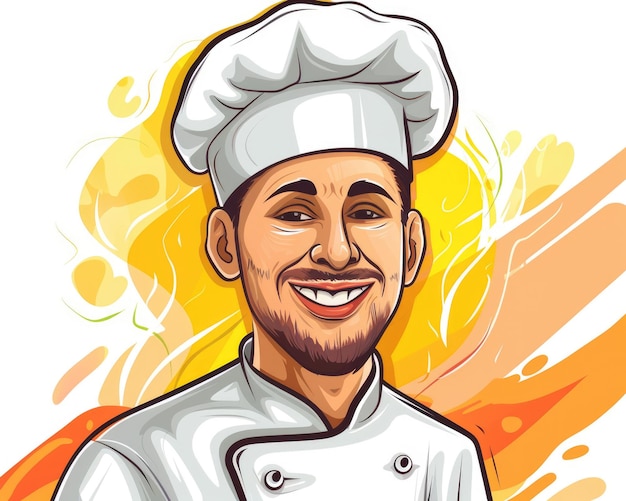 Disegno animato Chef Man con cappello e foulard Cooking Meal Banner Illustrazione di Chef Person People