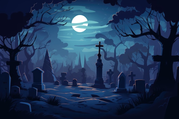 Disegno animato del cimitero di Halloween di notte e della luna