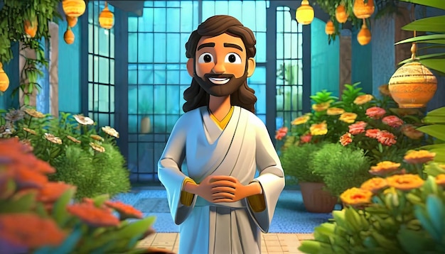Disegno animato di Gesù Cristo in piedi nel giardino di casa