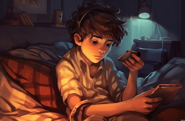 Disegno animato di un adolescente a letto con un cellulare o uno smartphone nei suoi comandi
