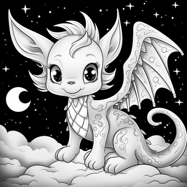 disegno animato di un drago seduto su una nuvola con una mezzaluna sullo sfondo