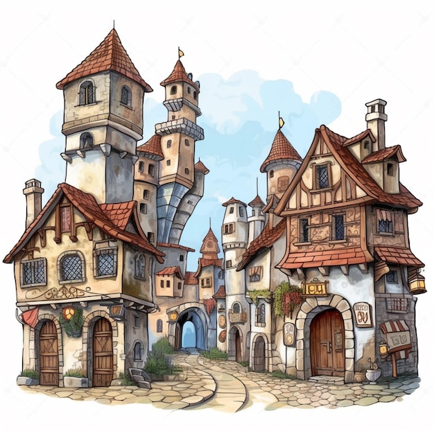 Disegno animato di una città medievale con una porta e una torre generativa ai