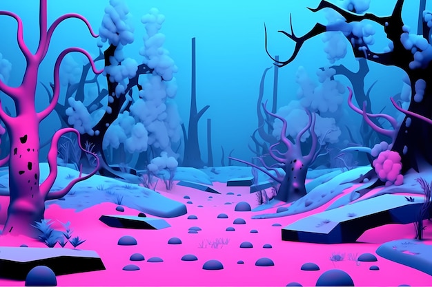 Disegno animato foresta invernale sfondo al neon vibrante stile 90 y2k