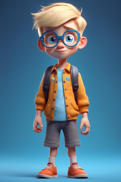 disegno animato fullbody ragazzo carino biondo occhi blu nerd stile piccolo stile 3d pixar render 4k digitale 8