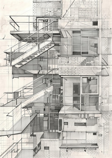 Disegno architettonico dettagliato di un edificio urbano con scala e finestra