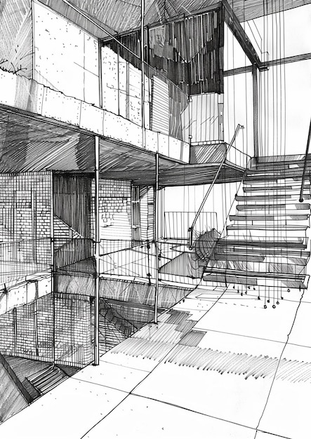 Disegno architettonico di un edificio urbano con scale e finestre