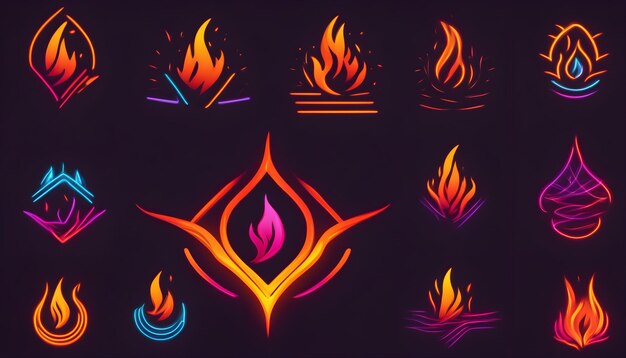 Disegno astratto del simbolo del logo del fuoco della linea al neon Icona vettore fiamma