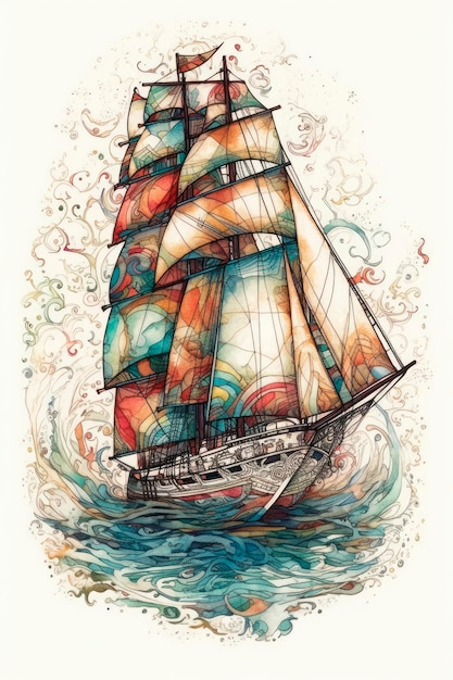 Disegno astratto della barca a vela nel mare a colori su sfondo bianco