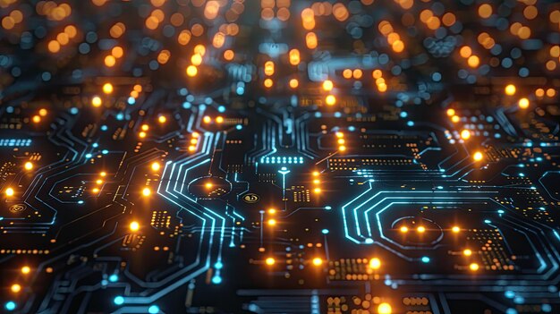 Disegno astratto di schede a circuito con percorsi luminosi che simboleggiano la connettività tecnologica