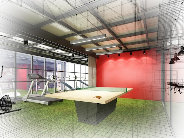 Disegno astratto di schizzo del rendering 3d della sala fitness interna