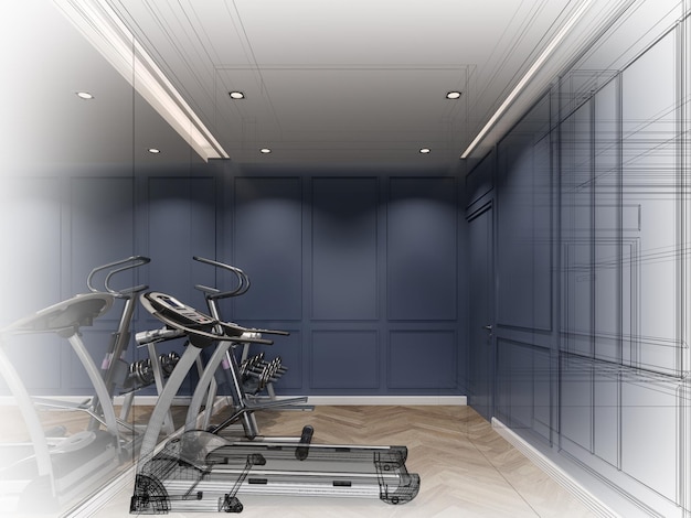 Disegno astratto di schizzo del rendering 3d della sala fitness interna