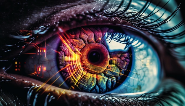 Disegno astratto futuristico dell'occhio, illustrazione generata digitalmente con iris blu generata dall'intelligenza artificiale
