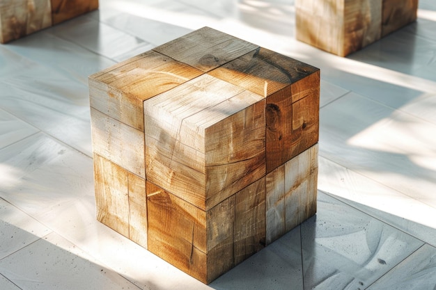 Disegno astratto geometrico di cubo di legno su sfondo bianco non 3D