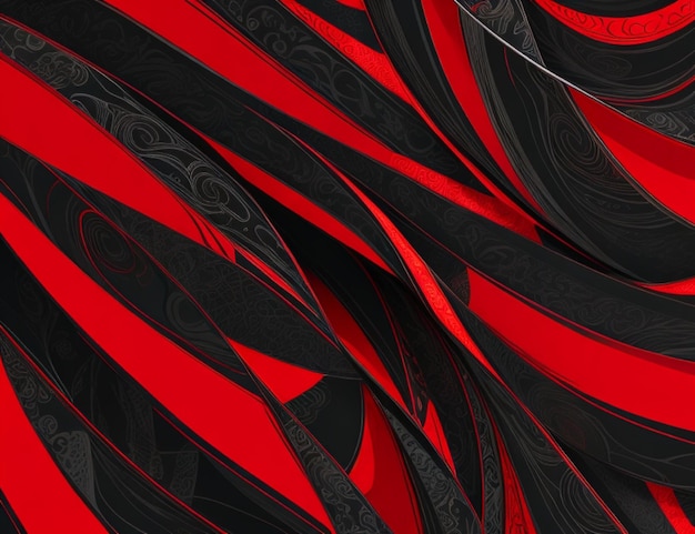 Disegno astratto in rosso e nero con motivi rotanti in bianco e nero