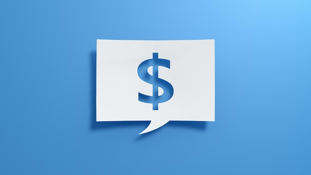 Disegno astratto minimalista di Dollar Sign con carta bianca tagliata su sfondo blu