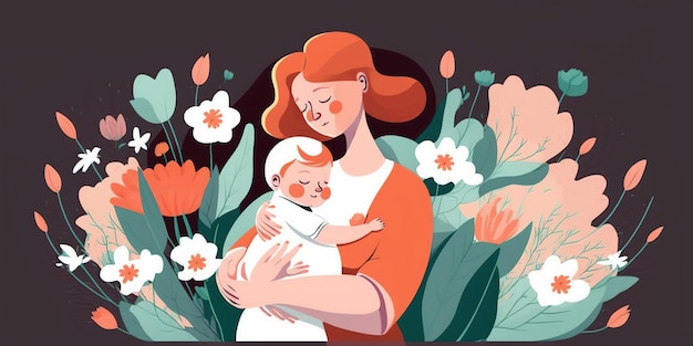 Disegno astratto per la festa della mamma in cui una madre tiene in braccio un bambino con dei fiori