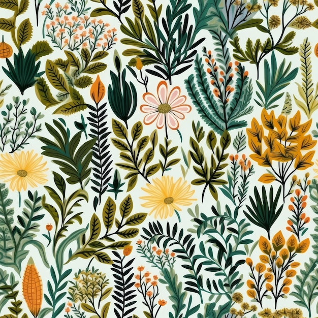 Disegno botanico con fiori e piante su uno sfondo bianco