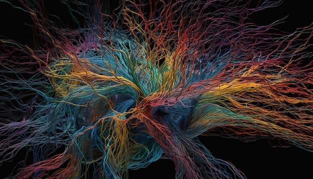Disegno caotico astratto di cellule nervose luminose nello spazio futuristico generato dall'intelligenza artificiale