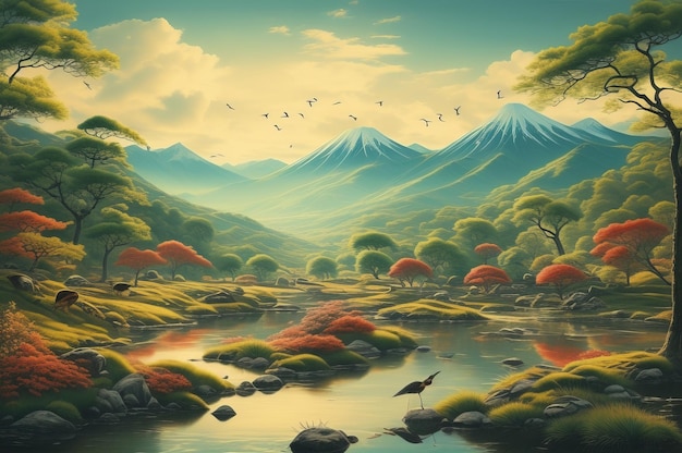 disegno carta da parati di un paesaggio di uccelli gru in mezzo alla foresta in stile vintage giapponese AI Generato