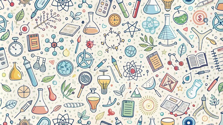 Foto disegno colorato a mano senza cuciture con elementi scientifici e naturali