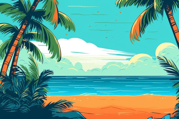 Disegno colorato di una spiaggia estiva tropicale