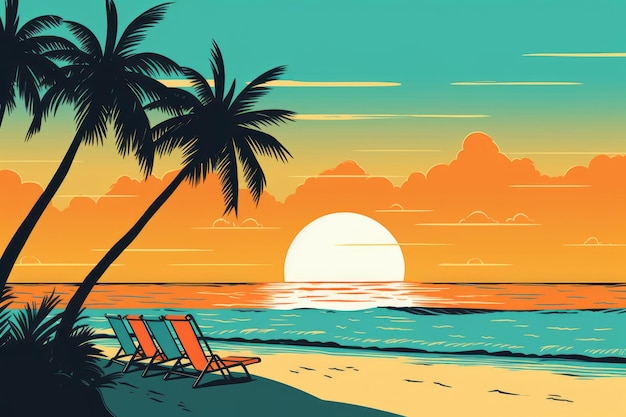 Disegno colorato di una spiaggia estiva tropicale