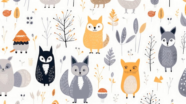 Disegno con animali della foresta tra il fogliame autunnale in stile scandinavo su uno sfondo chiaro Illustrazione per la stanza dei bambini o libri in design piatto Generata AI