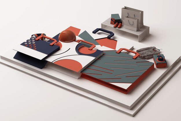 Disegno con composizione di borsa della spesa in stile geometrico di Memphis forme in tono arancione e blu illustrazione di rendering 3D