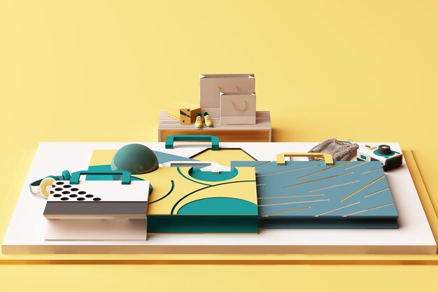 Disegno con composizione di borsa della spesa in stile geometrico di Memphis forme in tono giallo e verde illustrazione di rendering 3D