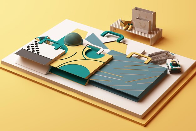 Disegno con composizione di borsa della spesa in stile geometrico di Memphis forme in tono giallo e verde illustrazione di rendering 3D