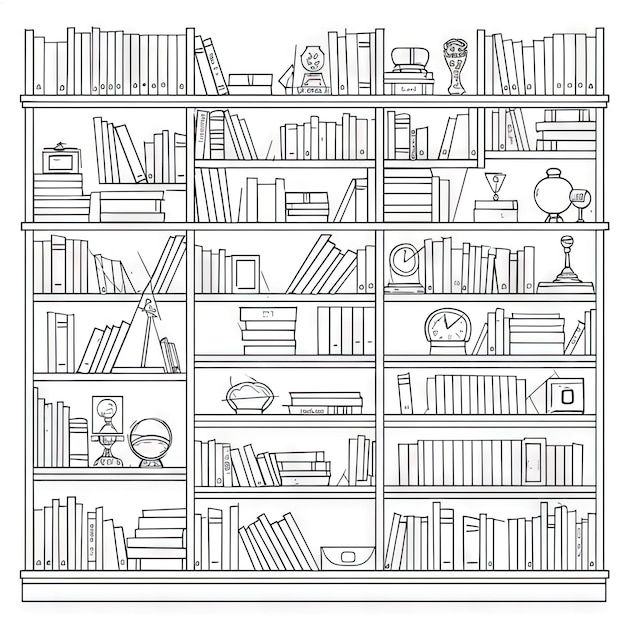 Disegno continuo di libri in un'accogliente libreria e biblioteca