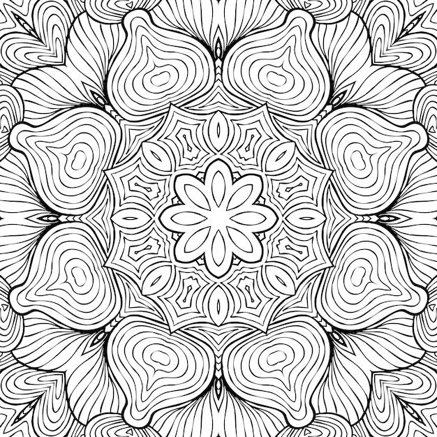 Disegno da colorare pagina antistress bianco e nero simmetrico fiore disegno monocromatico floreale sfondo disegnato a mano ornamento con fiori rilassante libro da colorare riccioli mandala disegno meditativo