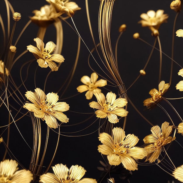 Disegno decorativo con fiori metallici fatti di filigrana d'oro su sfondo nero