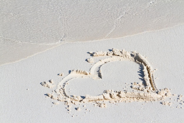 Disegno del cuore sulla spiaggia con l'onda.